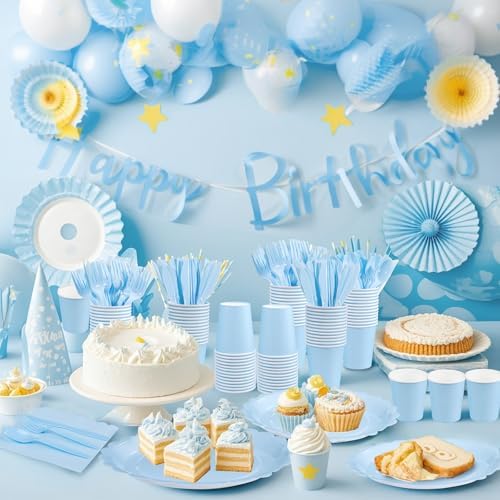 LIYH 350Pcs Light Blue Scalloped Party Plates Set for Boy Baby Shower - Image 4