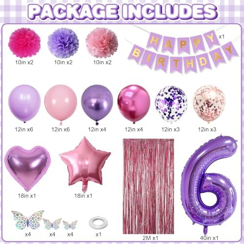 Pink Purple 6th Birthday Party Decoration for Girls Number 6 Princess Decor - Image 3
