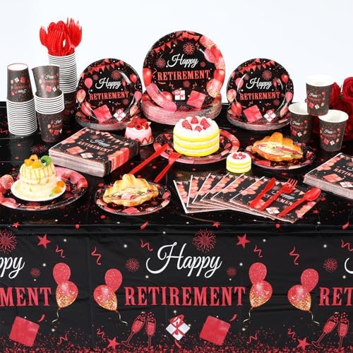 Funnymoom 452 Pcs Retirement Party Decorations Supplies Set Include Red Black Retirement Paper Plates Napkins Cups Tablecloth Cutlery Straws for Men Women Say Goodbye Party - Image 6