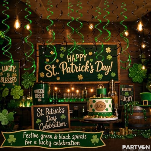 32 PCS Green Black Hanging Swirl Decorations, Sparkle Ceiling Swirls with Plastic Streamers for Graduation, Birthday, Sports Team, Alien Theme Party - Image 6