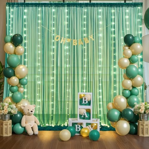 Hunter Green Tulle Backdrop Curtains with Lights String for Parites 10x8ft Sheer Backdrop Curtains Drapes for Birthday Party Bridal Shower Baby Shower Photo Booth Background Decorations - Image 4