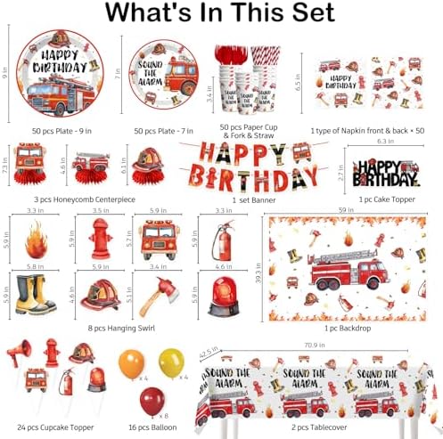 356Pcs cocomigo Firetruck Birthday Decorations Tableware Set, 50 Serves - Image 2