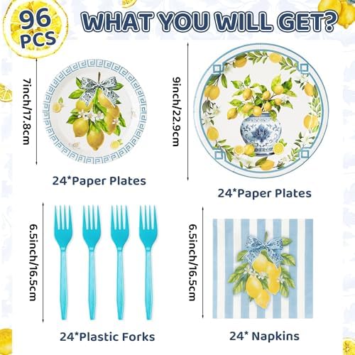 96Pcs Chinoiserie Vase Lemon Party Plates Supplies Capri Lemon Blue White Vase Tableware Decorations Disposable Paper Plates Napkins Forks for Birthday Summer Party Wedding, Serves 24 - Image 2