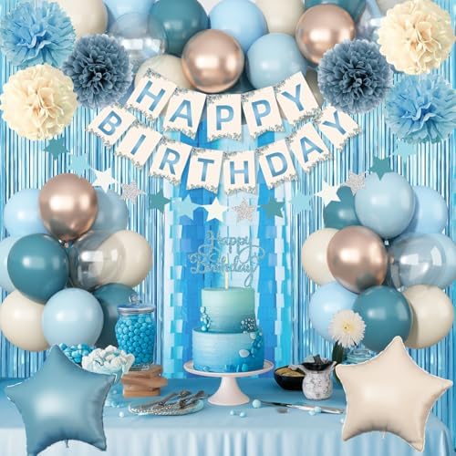 Blue Birthday Decorations, Retro Dusty Blue Sand White Gold Party Balloon Kit with Happy Birthday Banner Fringe Curtain Background Pom Poms Cake Topper for Baby Boys Girl Women Men Bday Decor Supplies - Image 7