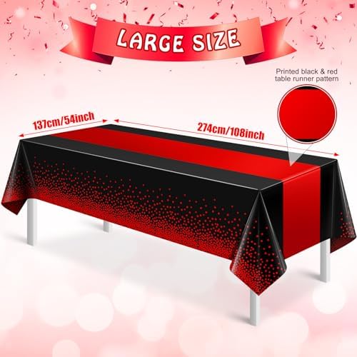 MASHAN 6Pcs Black and Red Tablecloth Party Decorations,Plastic Black Table Cloth Printed Red Table Runner Disposable Rectangle Cover for Birthday Weeding Anniversary Graduation Party,54 x108 Inch - Image 2