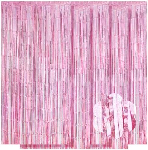 5 Pack Pink Foil Curtain Backdrop 3.2ft x 9.8ft Metallic Tinsel Foil Fringe Curtains Streamer Photo Booth Backdrop for Birthday Party Engagement Bachelorette Party Decorations (Sparkle Pink) by Ohiyoo