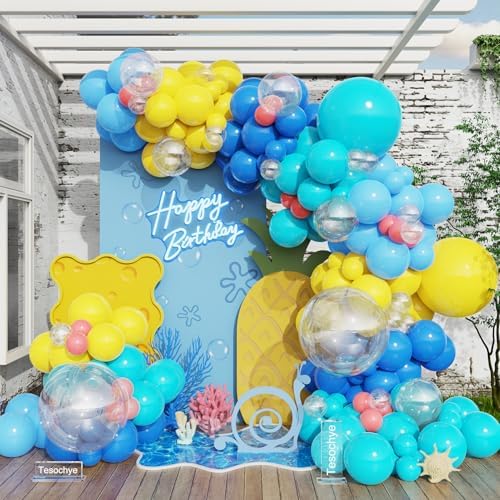 152pcs Cartoon Sponge Balloon Arch Kit,Yellow Blue Pink Clear Balloons For Cartoon Sponge Baby Shower Party Decorations Under The Sea Ocean Theme Birthday Party Supplies by Tesochye