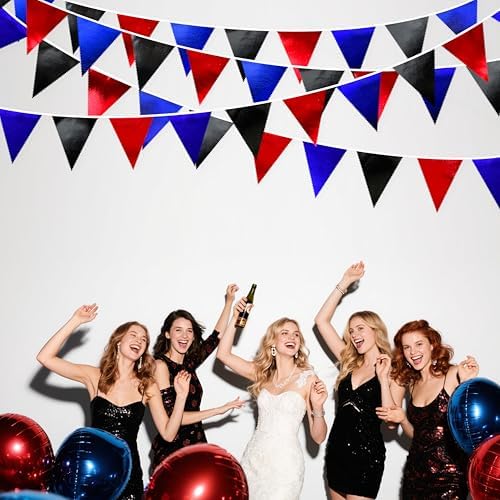 Navy Blue Red Black Party Decorations Metallic Fabric Triangle Pennant Banner Flag Bunting Garland for Graduations Birthday Retirement 4th of July USA Patriotic Veterans Party Decorations Supplies - Image 5