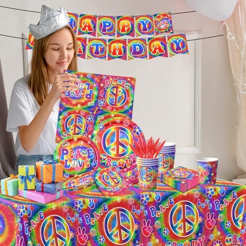 Tie Dye Birthday Party Supplies, 60's Hippie Theme Tableware Set Include Groovy Paper Plates Peace Love Napkins for Groovy 60s Party Supplies,Tie Dye Party Decorations - Image 3