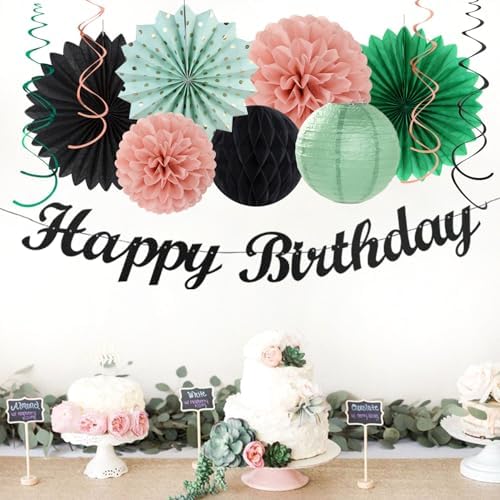 Sage-Green Blush-Pink Black Birthday Party-decorations - 21pcs Girls Woman Happy Banner Garland, Paper Streamers Lanterns,Flower Tissue Pom Poms Fan Supplies,Wall Backdrop Decor Huglony - Image 5
