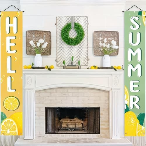 BlissYard 2pcs Hello Summer Door Banner Lemon Porch Banner Sign Sweet Summer Sunshine Front Door Hanging Decor Banners for Seasonal Home Hawaii Tropical Party Outdoor Decorations - Image 3