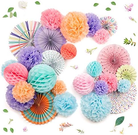 PapaKit 26pc Deluxe Large Multicolor Party Decoration Set - Vibrant Tissue Paper Pom Poms, Honeycomb Balls & Hanging Paper Fans Backdrop - Festive Decor for Birthday, Baby Shower, Fiesta & Photo Booth by PapaKitCreativeDecoration