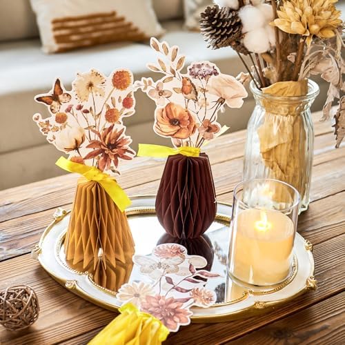 SUNBEAUTY Boho Flower Table Decoration 9Pcs Brown Floral Honeycomb Centerpieces Natural Party Decorations Paper Flower Table Decor for Home Rustic Wedding Baby Shower Neutral Birthday Party Supplies - Image 6