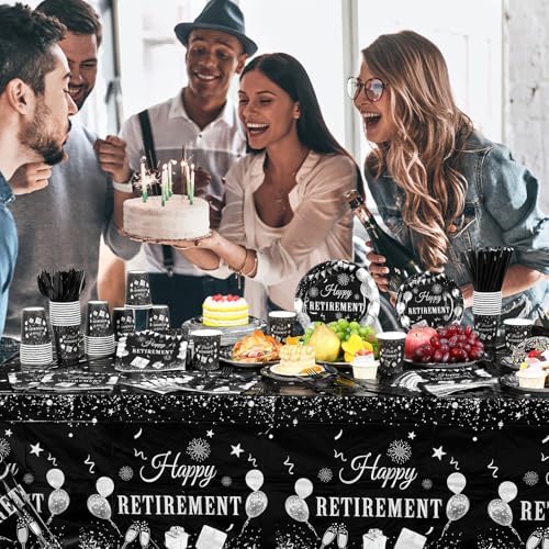 Funnymoom 452 Pcs Retirement Party Decorations Supplies Set Include Black and Silver Retirement Paper Plates Napkins Cups Tablecloth Cutlery Straws for Men Women Say Goodbye Party - Image 5