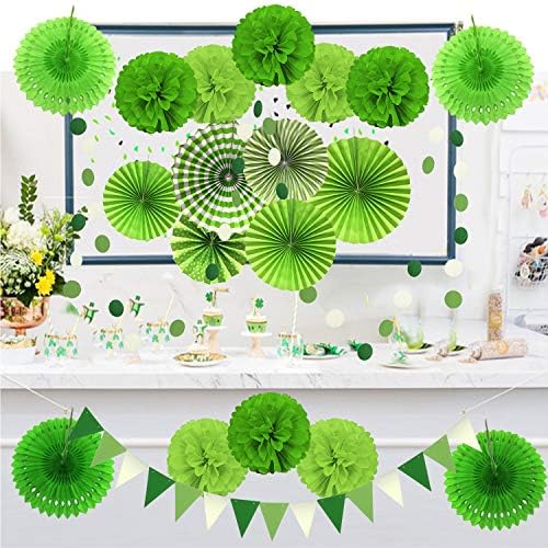 ZERODECO Party Decoration, 21 Pcs Green Hanging Paper Fans, Pom Poms Flowers, Garlands String Polka Dot and Triangle Bunting Flags for Golf Party Dinosaur Birthday Parties Arbor Day - Image 6