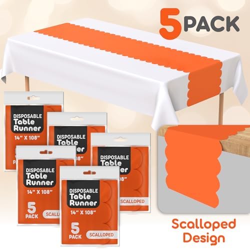 Orange Scallop Table Runner, Disposable Plastic, 5 Pack, 14x108in - Image 2