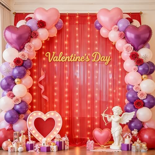 10x10ft Red Tulle Backdrop Curtain with Lights String for Parties, Sheer Photo Backdrop Drapes for Wedding Baby Shower Birthday Party Valentines Photo Shoot Decorations - Image 3