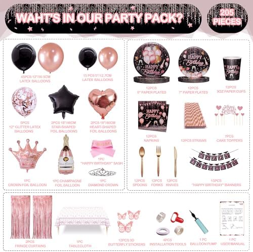 Black Pink Birthday Decorations For Women ,Rose Gold and Black Party Decorations Kit,Happy Birthday Supplies Set-Tableware Pack, Balloon Pump, Banner, Fringe Curtain For 12 Guest - Image 3