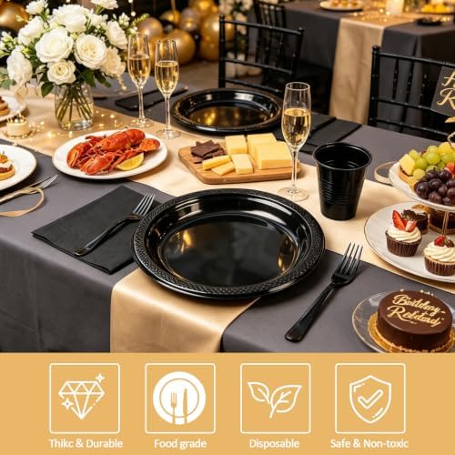 200pcs Black Plastic Party Plates Set, Disposable Black Plates and Napkins for Party, 50 Of Each 9" Dinner Plate, Napkins, Cups & Cutlery Plastic Dinnerware for Retirement, Graduation, Birthday, BBQ - Image 4