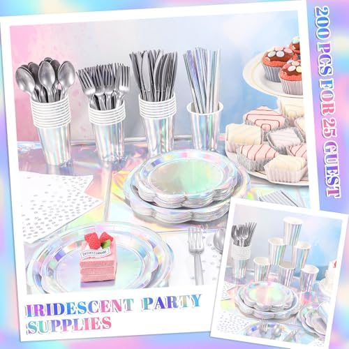25 Set Iridescent Plates and Napkins Scalloped Iridescent Party Decorations - Image 5
