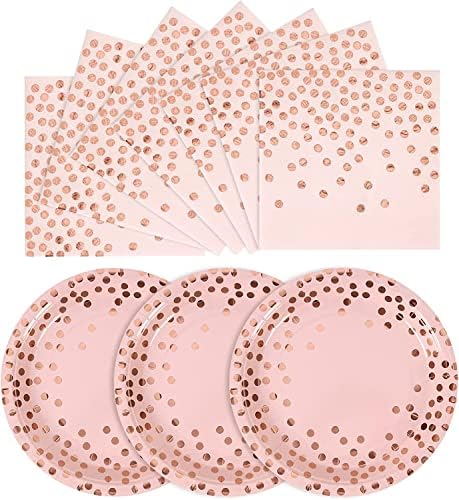 Pink and Rose Gold Paper Plates&Napkins Party Supplies for Birthdays 50 Pcs by CENLBJ