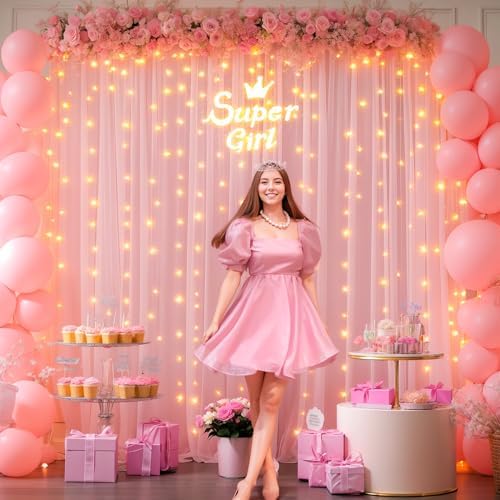 10x10FT Pink Wrinkle Free Backdrop Curtains with Lights String for Parties - Photo Curtain Backdrop with Lights for Wedding Decorations, Bridal Baby Shower Birthday Party Photography Background - Image 3