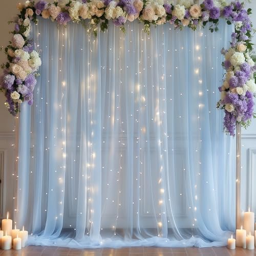 10×10ft Blue Tulle Backdrop Curtain with Lights String for Parties, Sheer Photo Curtain Backdrop Drapes for Wedding Party Photography Backgrounds - Image 2