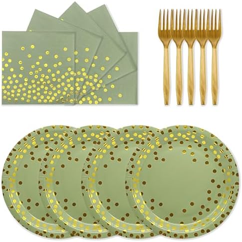 72PCS Sage Green Paper Plates and Napkins - Sage Green Gold Dots Tableware Set Include Dessert Plates,Napkins and Forks Disposable Decoration Supplies for Birthday Graduations Wedding Party,Serve 24 by Unknown