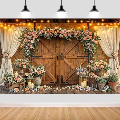 10x8ft Western Wedding Backdrop Rustic Barn Door Photography Backdrop Farmhouse Pink Flower Cabin Wooden Birthday Baby Shower Country Anniversary Bridal Party Banner Photo Booth Props Background - Image 5