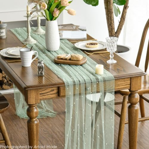 Artoid Mode 10-Pack Pearl Sage Green Gauze Table Runner 10FT Home Decor - Image 2
