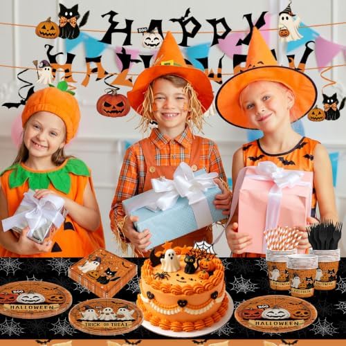 139Pcs Halloween Party Supplies Dinnerware Decorations -Tablecloth, Paper Plates, Cups, Straw, Napkins, Cutlery - Horror Halloween Birthday Party Decorations Tableware Serves 20 Guests - Image 7