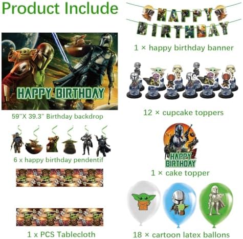 40Pcs Grogu Birthday Decorations Set, Includes Cake Topper, Cupcake Toppers, Balloons, Happy Birthday Banner, Hanging Swirls, Backdrop and Table Cloth for Yoda Party Decorations. - Image 2
