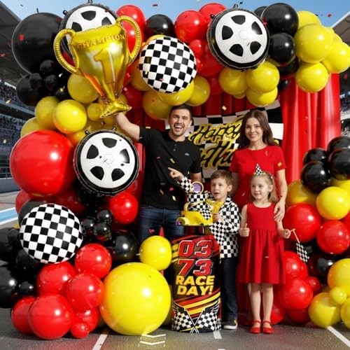 Race Car Balloon Arch Garland Kit, 154pcs Different Size Tire Flags Checkered Black Red Yellow Balloons Arch Kit for Racing Car Two Fast Theme Boy Birthday Anniversary Party Decorations - Image 7