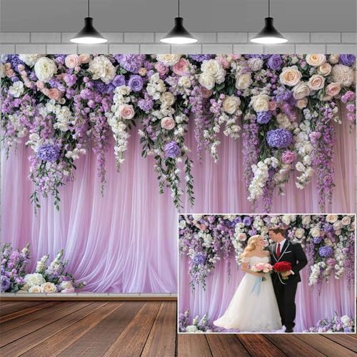 7x5ft Purple Lavender Floral Bridal Backdrop Wedding Flower Photography Backdrop for Girl Portrait Baby Shower Birthday Party Decor Banner Mother's Day Party Wall Backdrop Studio Photo Backgrounds by Mtsxfy
