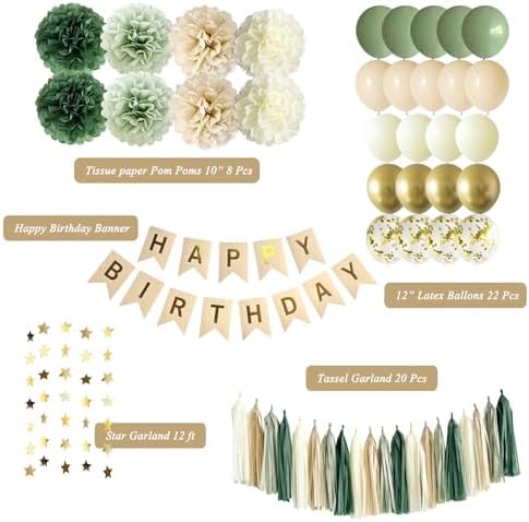 ANSOMO Sage Green Happy Birthday Party Decorations Retro Green Nude Ivory Dark Olive Kraft Paper Banner Balloons Neutral Rustic Boho Blush Safari Botanical Greenery Wild Décor Supplies Women Adults - Image 3