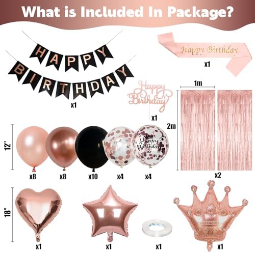 Rose Gold Birthday Decorations for Women Rose Gold Black Birthday Balloon - Image 2