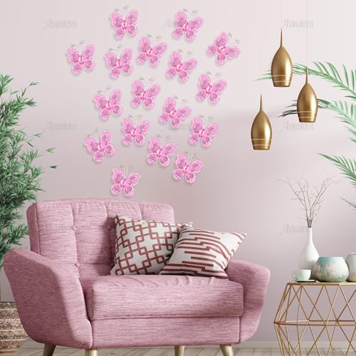 AUEAR, 50 Pack Sheer Mesh Wire Glitter Butterfly with Gem for Home and Wedding Decoration Party Wall Decorations (Pink) - Image 4