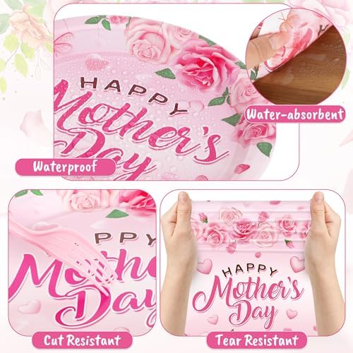 122 PCS Mothers Day Plates and Napkins Set, Serves for 30 Guests Pink Mother's Day Home Decor with Flowers, Disposable Paper Plates Napkins Plastic Forks Tablecloth for Best Mom Party Supplies - Image 3