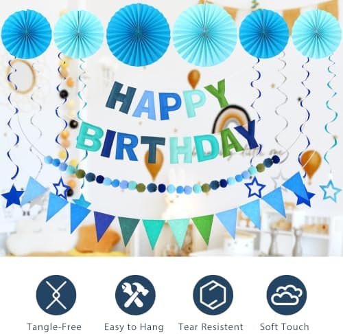 CANREVEL 17 PCS Pre-Strung 3D Blue Happy Birthday Banner, Blue Streamers - Image 5