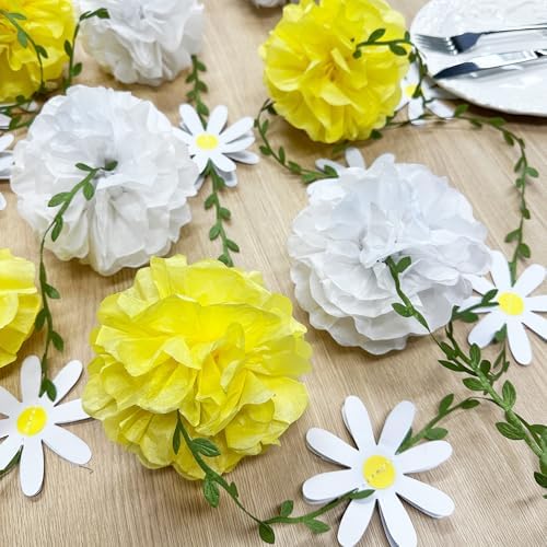 Daisy Party Decorations Yellow White Tissue Flowers Pom Pom Daisy Hanging Leaf Garland Streamer Banner for Spring Summer Themed Birthday Wedding Shower Tea Party Supplies Home Garden Decor - Image 5