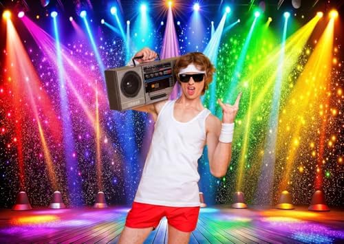 10x8ft Fabric Disco Rainbow Stage 70s 80s 90s Backdrop Vintage Lights Photography Background Rock Music Club Neon Glow Party Decorations Photo Banner 312 - Image 5