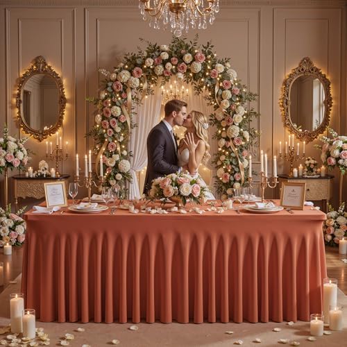 Wish Care 2 Pack Rust Spandex Table Clothes for 8 Foot Rectangle Tables, 8FT Wrinkle Free Fitted Tablecloths Ruffles Design Table Cloth for Party, Banquet, Wedding and Events - Image 6