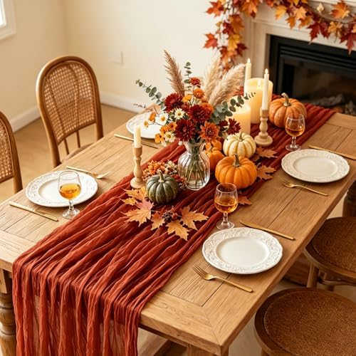 6Pcs Fall Table Runner, 10FT Thanksgiving Cheesecloth Table Runner 35*120inch Terracotta Table Runners for Fall Wedding Baby Shower Friendsgiving Thanksgivig Home Kitchen Table Decorations - Image 3
