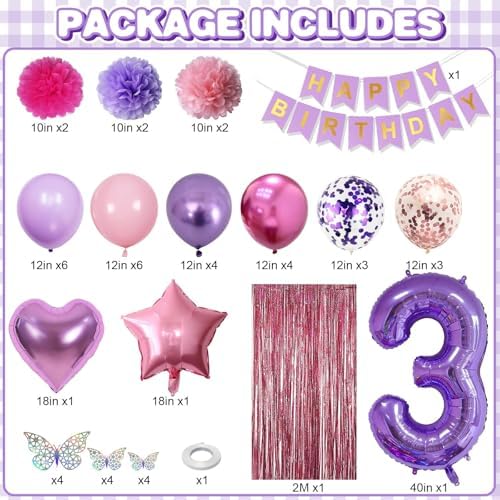 Pink Purple 3rd Birthday Party Decoration for Girls Number 3 Princess Decor - Image 3