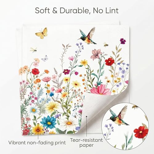 50PCS Wildflower Napkins 13 x 13 Inches, Hummingbird Floral Paper Napkins Flower Luncheon Dessert Cocktail Napkins Disposable for Picnic Wedding Birthday Baby Shower Tea Party Decorations (Wildflower) - Image 3