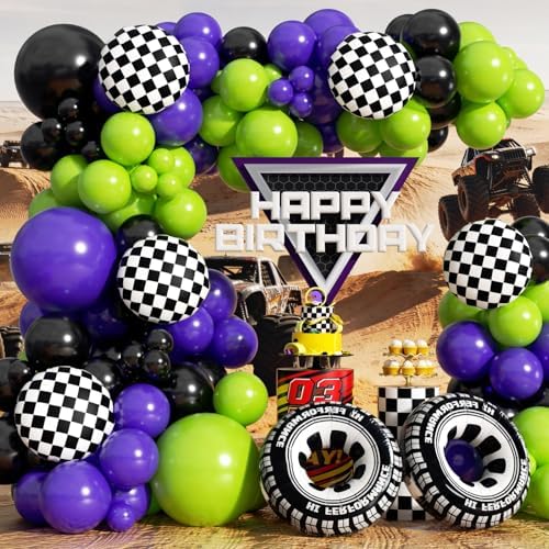 Monster Truck Balloon Arch Garland Kit 156pcs, Green Purple Black Silver Big Wheels Race Car Balloons Arch Kit for Two Fast Theme Boy Birthday Anniversary Monster Truck Party Decorations - Image 4