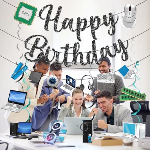 Computer Decorations for Office Birthday Computer Birthday Decorations Black PC Banner Garland Hanging Swirls - Image 6