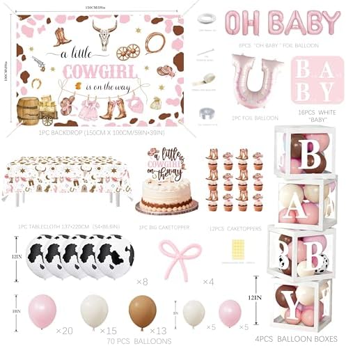 Cowgirl Baby Shower Decorations for Girl - Western Theme Party Supplies Include Balloon Garland Arch Kit, Backdrop, Tablecloth, 4 Boxes, Horseshoe Foil Balloon - A Little Cowgirl is on the Way Pink - Image 2