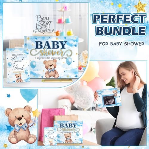 Fuyoooo 27 Pcs Blue Color Bear Baby Shower Guest Book Set Baby Shower Sign - Image 6
