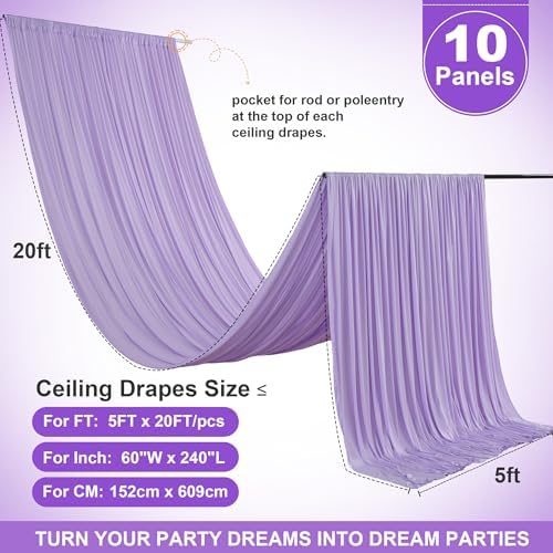 10 Panels 5ft(W) x 20ft(L) Light Purple Ceiling Drapes for Wedding Parties - Image 4